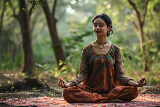 Portrait of young indian woman doing yoga at the park