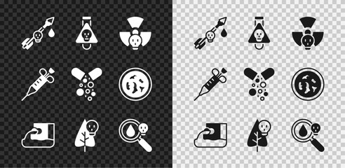 Set Poison on the arrow, Bottle with potion, Radioactive, Wastewater, flower, magnifying glass, Syringe and Poisoned pill icon. Vector