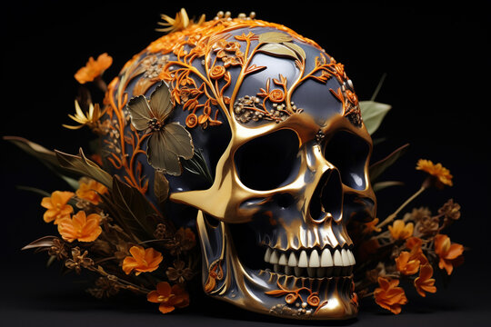 peach fuzz and gold 3d skull image, in the style of vibrant compositions maximum more copy space