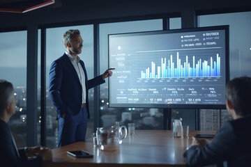 Businessman showing data to group of investors and business partners. Big TV screen showing graphs, product sales and revenue growth strategy.