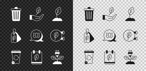 Set Trash can, Leaf in hand, Sprout, Recycle bin, Calendar with autumn leaves, Electric saving plug leaf, Tag and Eco symbol icon. Vector