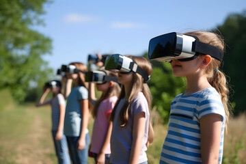 Kids wearing VR virtual reality headset, childrens using augmented reality, future technology