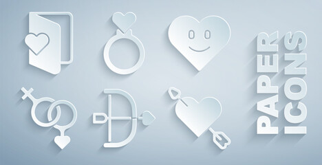 Set Bow and arrow, Heart, Gender, Amour with heart, Wedding rings and Valentines day flyer icon. Vector