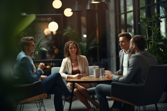 Group of businesspeople having a meeting in the lounge of a modern office.