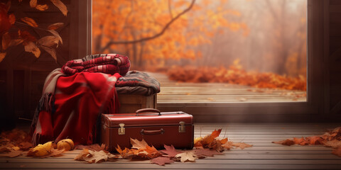 spring luggage blanket glimpse of scarf and blanket on wooden floor, View of suitcases