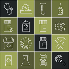Set line Magnifying glass for search medical, Awareness ribbon, Dialogue with the doctor, Test tube and flask, Medical clipboard clinical record, Medicine bottle pills, Stethoscope and icon. Vector