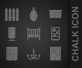 Set Baby crib cradle bed, Chandelier, Wardrobe, Library bookshelf, Big full length mirror, Chest of drawers and Garden fence wooden icon. Vector