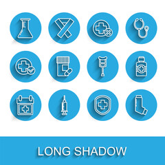 Set line Doctor appointment, Syringe, Test tube and flask, Medical shield with cross, Inhaler, Medicine bottle pills, Bottle of medicine syrup and Crutch crutches icon. Vector