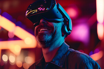 Man with VR Headset on, virtual reality and augmented reality, future technology concept