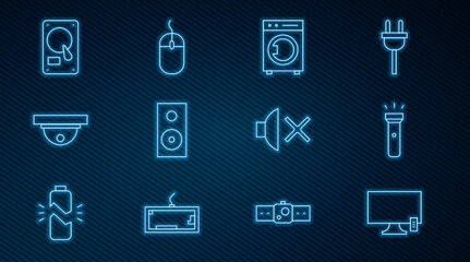 Set line Smart Tv, Flashlight, Washer, Stereo speaker, Motion sensor, Hard disk drive HDD, Speaker mute and Computer mouse icon. Vector