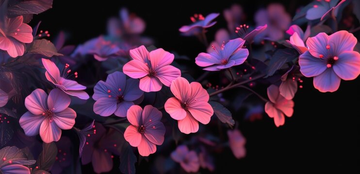 Pink and purple flowers on a black background. Generate AI image