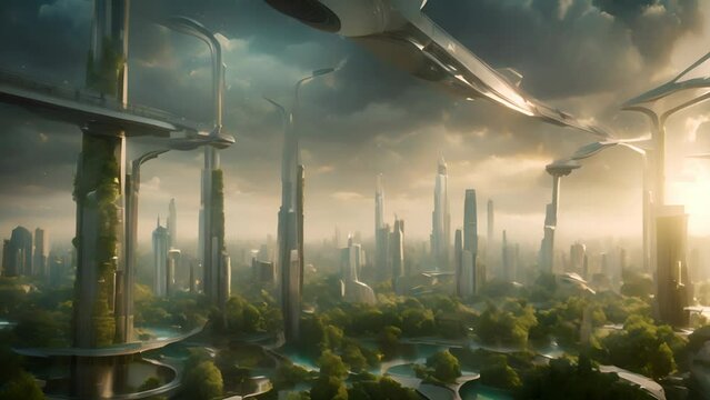 A cityscape with towering skyscrapers and lush greenery, featuring sustainable designs that harmonize buildings with nature, presenting a vision for a new urban future.
