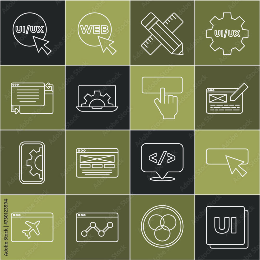 Wall mural set line ui or ux design, crossed ruler and pencil, web development, and keyboard icon. vector