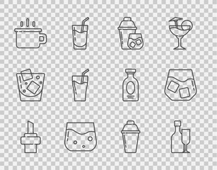Set line Wooden cork for wine, Wine bottle with glass, Cocktail shaker, Glass of whiskey, Coffee cup, juice, and icon. Vector
