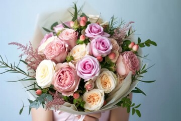 Woman with bouquet of beautiful roses on light blue background, closeup. generative ai.