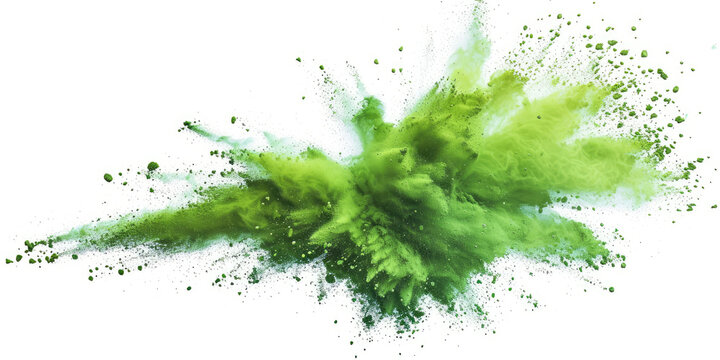 green splash painting on white background, green powder dust paint green explosion explode burst isolated splatter abstract. green smoke or fog particles explosive special effect