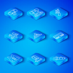 Set line Hunting jacket, Hunter hat, Camping lantern, cartridge belt, Sniper rifle with scope, Cartridges, Elephant and Flashlight icon. Vector