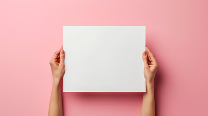 Photo of lady with expressing support, understanding, or kindness, holding hands paper, side white empty space poster proposing buy advert place, isolated on solid color background