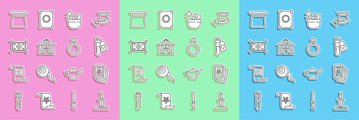 Set line Sword in the stone, Three tarot cards, Bottle with love potion, Witch cauldron, Circus tent, Magic carpet, hat and ring gem icon. Vector