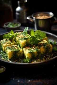 Dhokla with Mint Chutney. Best For Banner, Flyer, and Poster