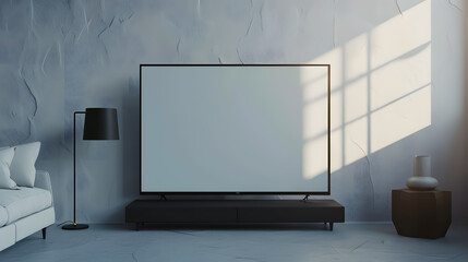 TV set mockup with blank white screen, modern interior