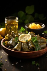 Dolmades Stuffed Grape Leaves with Lemon Wedges. Best For Banner, Flyer, and Poster - obrazy, fototapety, plakaty