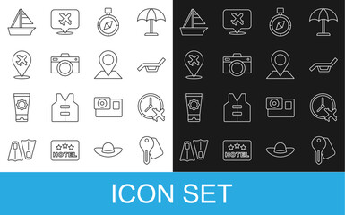 Set line Hotel door lock key, Clock with airplane, Sunbed and umbrella, Compass, Photo camera, Plane, Yacht sailboat and Location icon. Vector