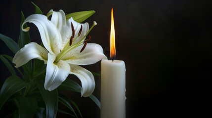 Burning candle and white lily flower on black background. Mourning, condolence, grieving card concept