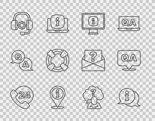 Set line Telephone 24 hours support, Information, Monitor with information, Location, Headphones, Lifebuoy, question mark and Question and Answer icon. Vector