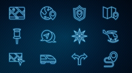 Set line Route location, Helicopter, Location shield, Infographic of city map navigation, Push pin, City, Wind rose and the globe icon. Vector