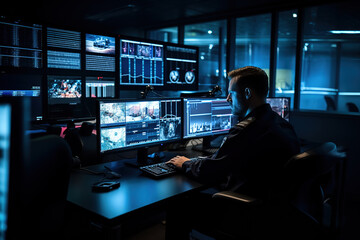 Male security guard monitoring CCTV cameras in a surveillance room.