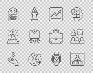 Set line Hand holding coin money, Online education, Financial growth increase, Worldwide, Weight loss, Smart watch and Training, presentation icon. Vector