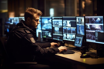 Male security guard monitoring CCTV cameras in a surveillance room.