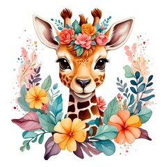 Watercolor illustration portrait of a cute adorable giraffe with flowers on isolated white background.
