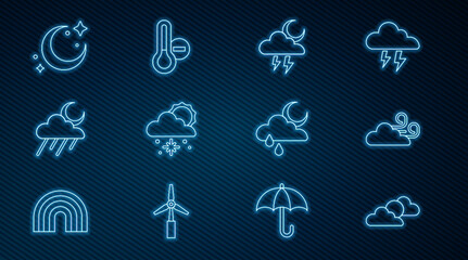 Set line Sun and cloud weather, Windy, Storm, Cloud with snow sun, rain moon, Moon stars, and Meteorology thermometer icon. Vector