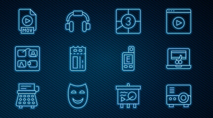 Set line Media projector, Video recorder on laptop, Old film movie countdown frame, Cinema ticket, Storyboard, MOV file document, Light meter and Headphones icon. Vector