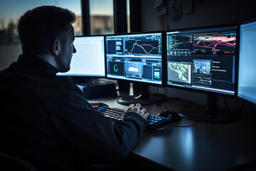 Male security guard monitoring CCTV cameras in a surveillance room.