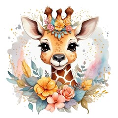 Watercolor illustration portrait of a cute adorable giraffe with flowers on isolated white background.
