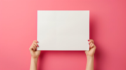  lady with expressing support, understanding, or kindness, holding hands paper, side white empty space poster proposing buy advert place, isolated on solid color background
