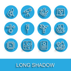 Set line Processor CPU, Graph chart infographic, Drop and magnifying glass, Patient record, Timing belt kit, Syringe, Basic geometric shapes and Plant breeding icon. Vector