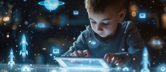 Boy using digital tablet for future opportunities and education concept. AI generated image - obrazy, fototapety, plakaty