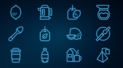 Fototapeta premium Set line Tea bag, Cigarette, with lemon, leaf, Teaspoon, Lemon, and Electric kettle icon. Vector