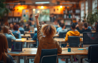 Student Raising Hand in Busy Classroom