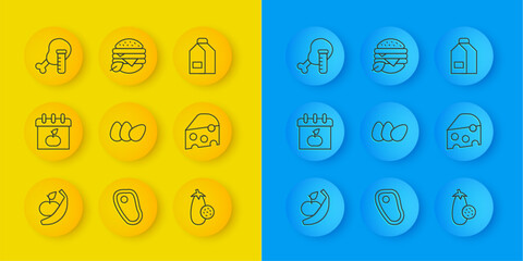 Set line Apple and banana, World Vegetarian day, Chicken egg, Eggplant, Cheese, Genetically modified chicken, Paper package for milk and Vegan food diet icon. Vector