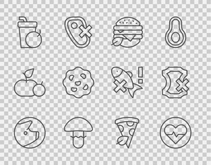 Set line Pig, Heart rate, Vegan food diet, Mushroom, Fresh smoothie, Cookie or biscuit, pizza slice and No leather icon. Vector