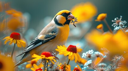 A colorful hawfinch delicately holds a seed in its beak, surrounded by the bright hues of yellow spring flowers.