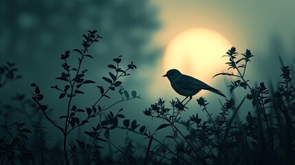 In the fading light of a setting sun, the silhouette of a songbird perched on a branch sings its melodious tune, creating a serene atmosphere filled with peace and tranquility