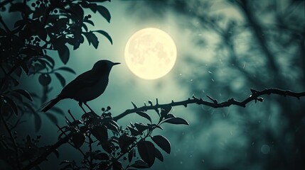 Against the backdrop of a setting sun's warm glow, the silhouette of a songbird perched on a branch serenades the evening with its sweet melody, bringing a sense of peace and calm to the surroundings - obrazy, fototapety, plakaty