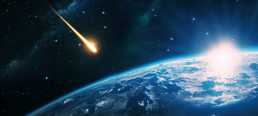 Meteor approaching Earth in space, the meteorite is approaching the planet, Burning exploding asteroids from deep space are approaching planet Earth - obrazy, fototapety, plakaty