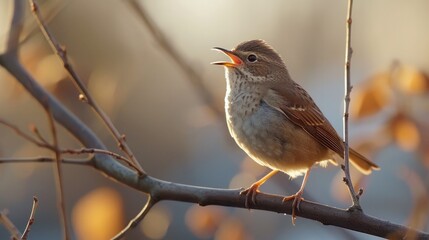 Bathed in the golden light of dawn, delicate spring blossoms create a serene setting for a small songbird singing cheerfully, its melody blending harmoniously with the awakening of nature.